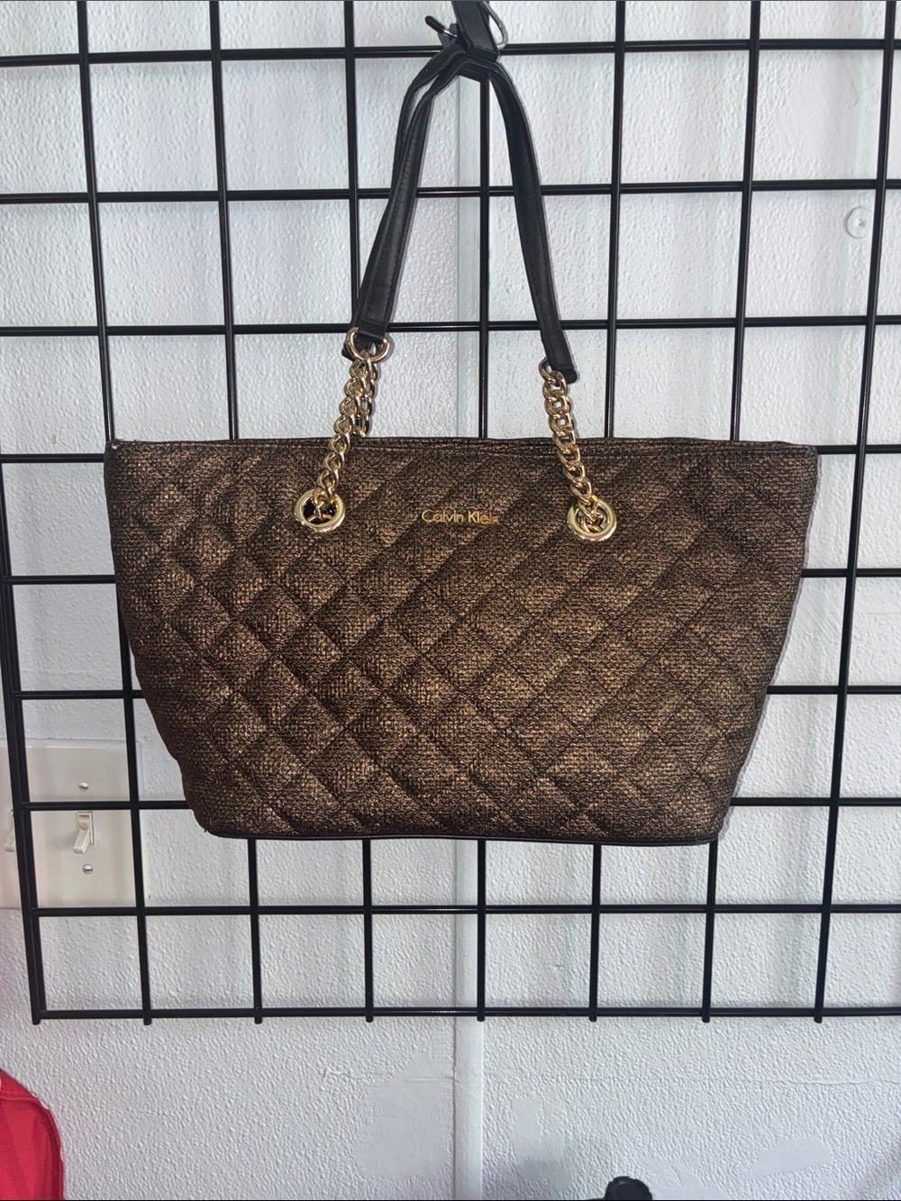 Calvin Klein Quilted Metallic Bronze Tote with Gold Chain Accents